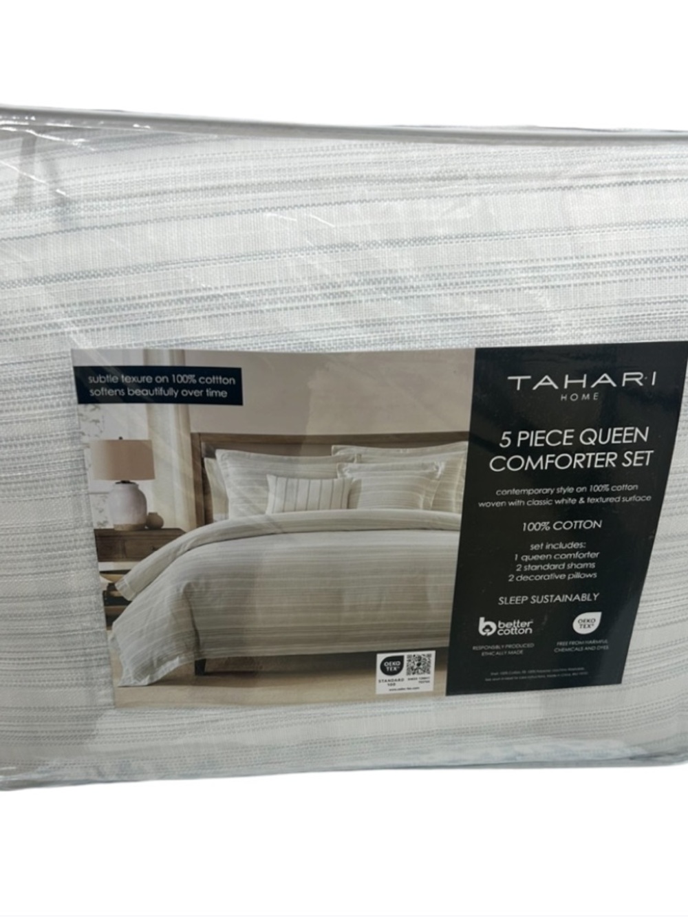 Tahari Home Blue, Gray and White Queen Comforter Set 5 Pcs 90”x90”